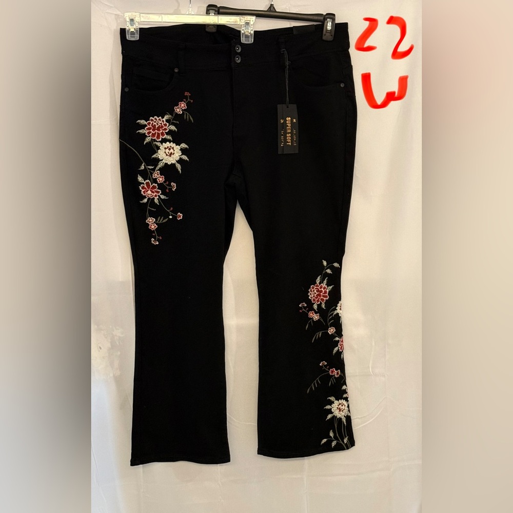 Floral Embroidered Black Boot Cut Pants